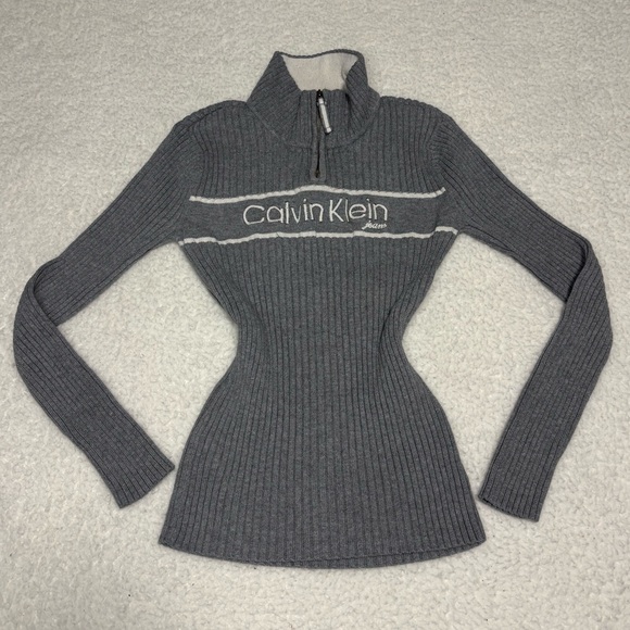 Calvin Klein Women Gray Y2K Ribbed Knit Sweater Top - Picture 1 of 12
